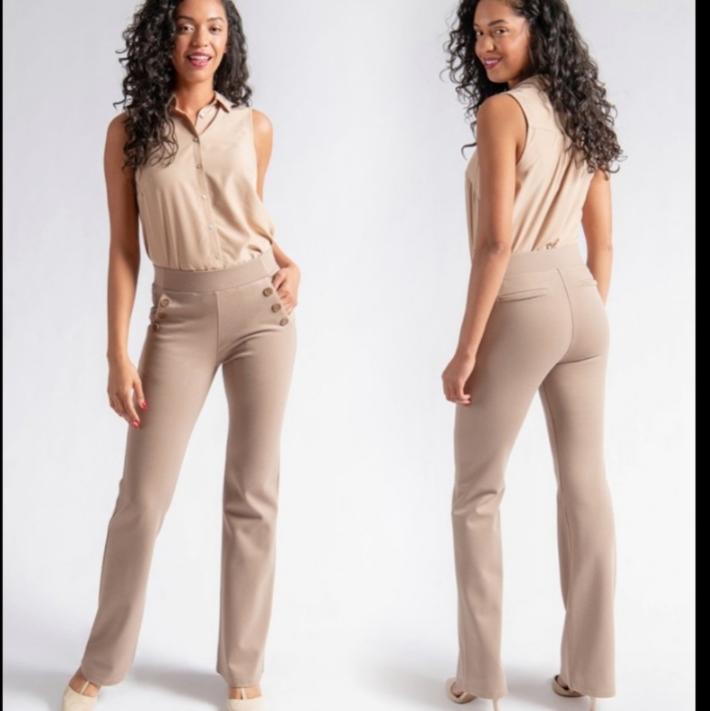 Betabrand bootcut dress yoga pants 6 button khaki twill XL petite EUC